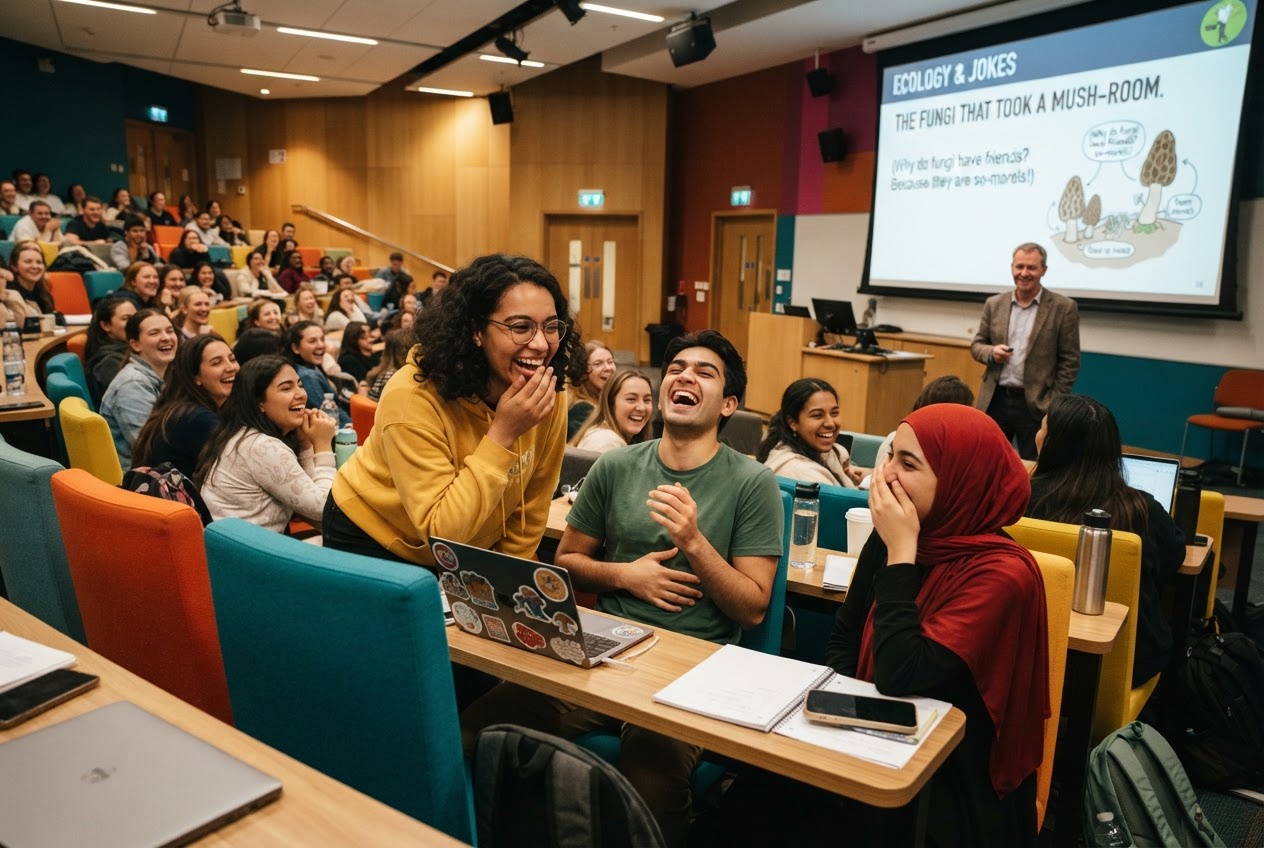 Students laughing at academic roast content